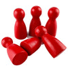 A set of twelve wooden game pawns in six different shades of red, arranged in a cluster.