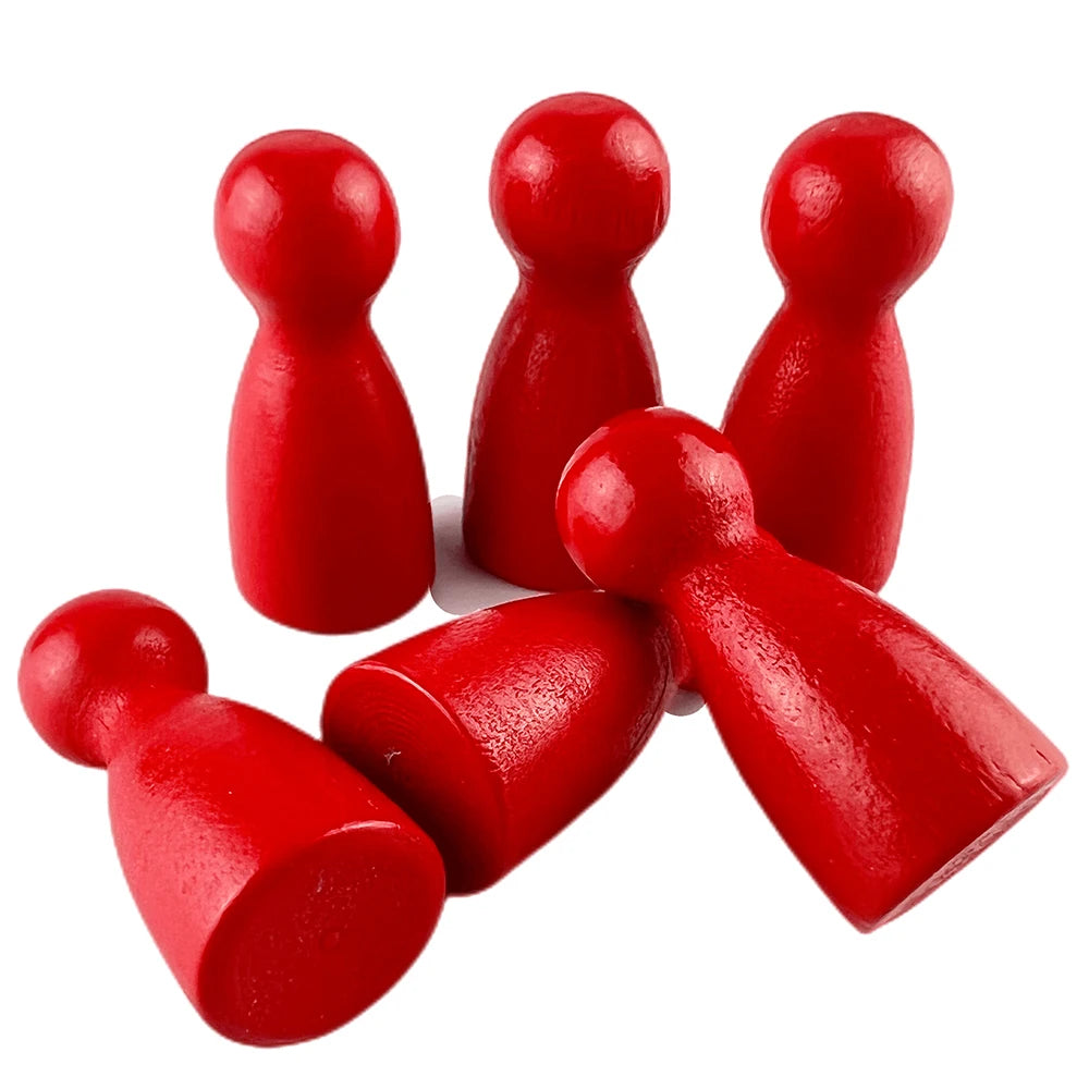 A set of twelve wooden game pawns in six different shades of red, arranged in a cluster.
