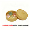 A yellow container holds five colored mini buns and one steamer basket.
