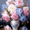 A vibrant floral paint by number kit featuring pink, blue, and white roses, sunflowers, and peonies arranged in a bouquet.