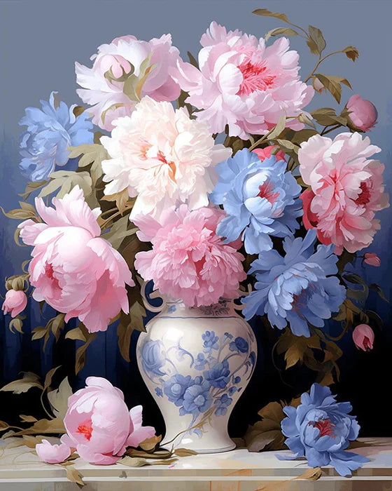 A vibrant floral paint by number kit featuring pink, blue, and white roses, sunflowers, and peonies arranged in a bouquet.