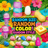 A colorful assortment of squishy toys and sensory items including a white egg, yellow fruit, pink and purple squish toys, and