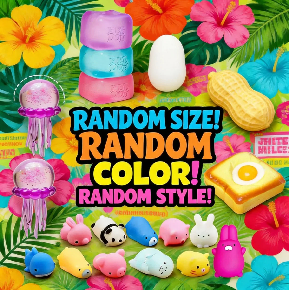 A colorful assortment of squishy toys and sensory items including a white egg, yellow fruit, pink and purple squish toys, and