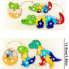 A set of wooden dinosaur puzzles showing different stages of growth and change, with numbered pieces.