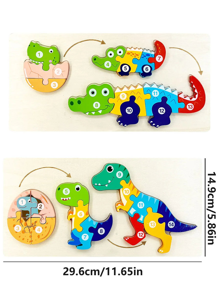 A set of wooden dinosaur puzzles showing different stages of growth and change, with numbered pieces.