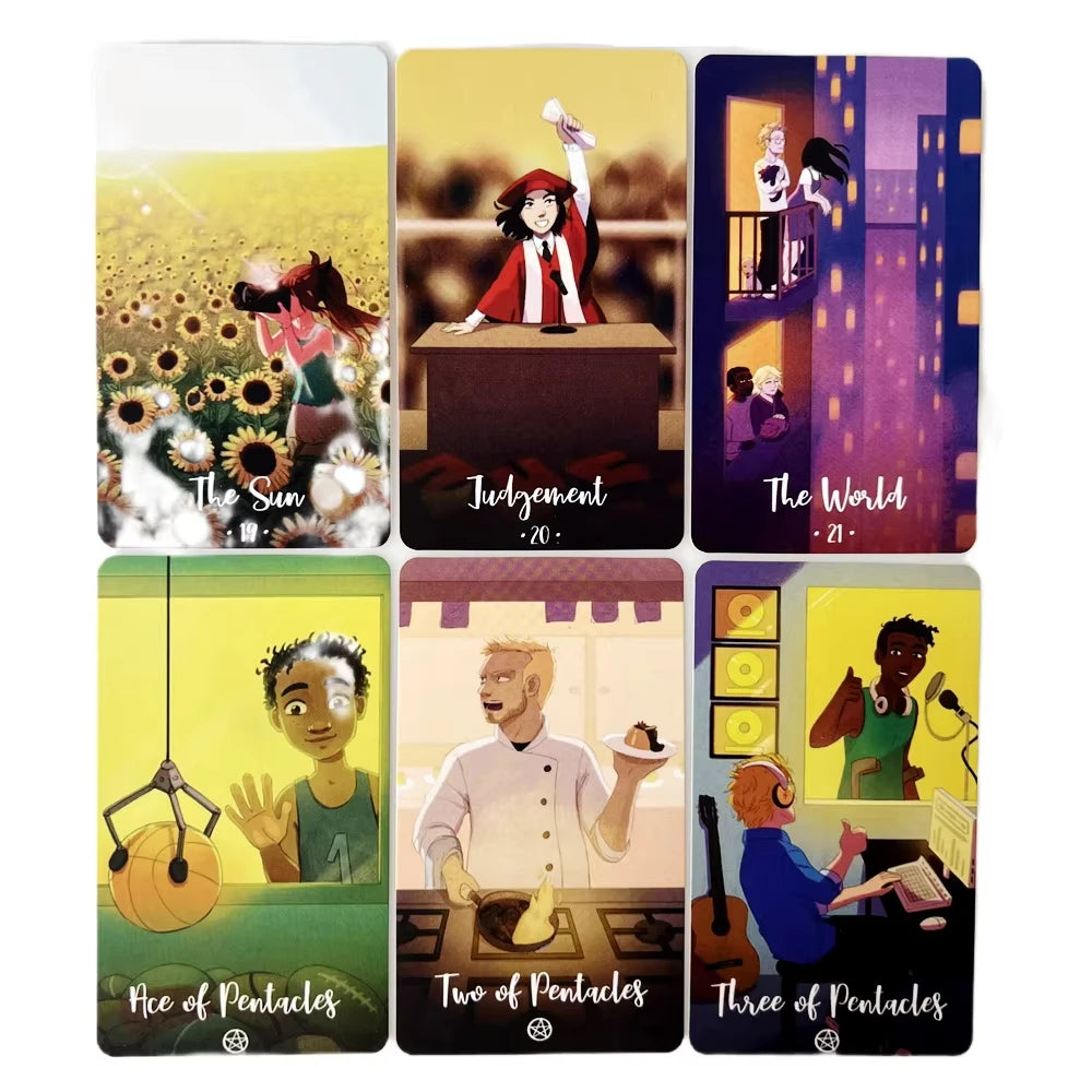 A collection of nine tarot cards from the Cosmic Cycles Oracle Deck featuring The Sun, Judgment, The World, Ace of Pentacles,