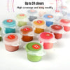 A collection of up to 24 colored paint pots and lids for a paint by numbers kit.