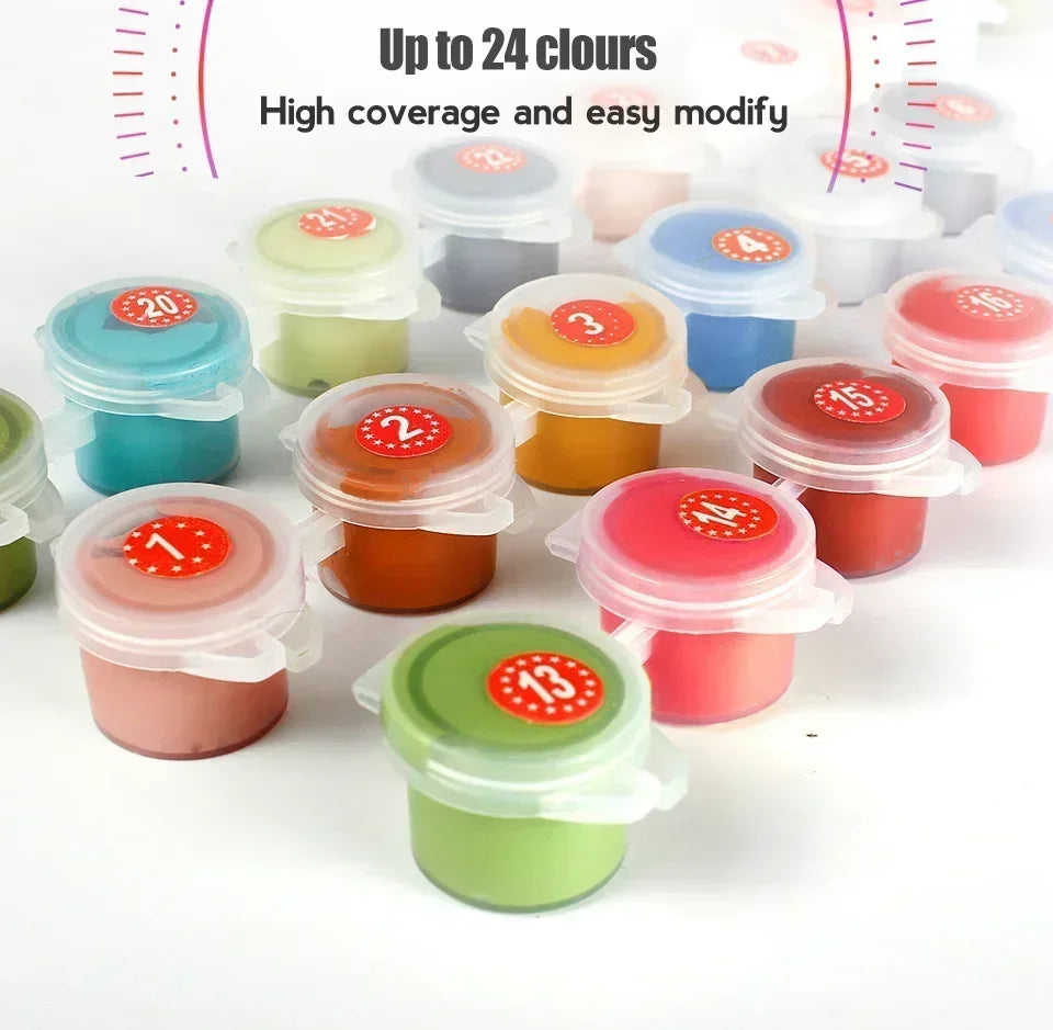 A collection of up to 24 colored paint pots and lids for a paint by numbers kit.