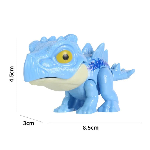 A blue finger dinosaur fidget toy with movable joints, featuring a large head and body.
