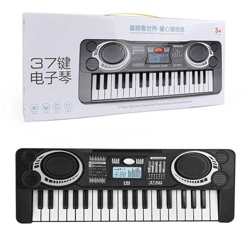 A black 37-key electronic keyboard is shown with its packaging box.