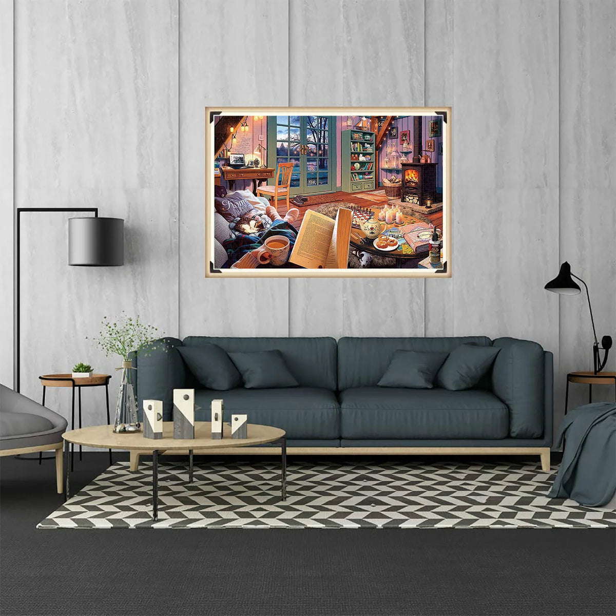 A cozy living room scene featuring a sofa, coffee table, and a framed painting of an indoor market or shop.