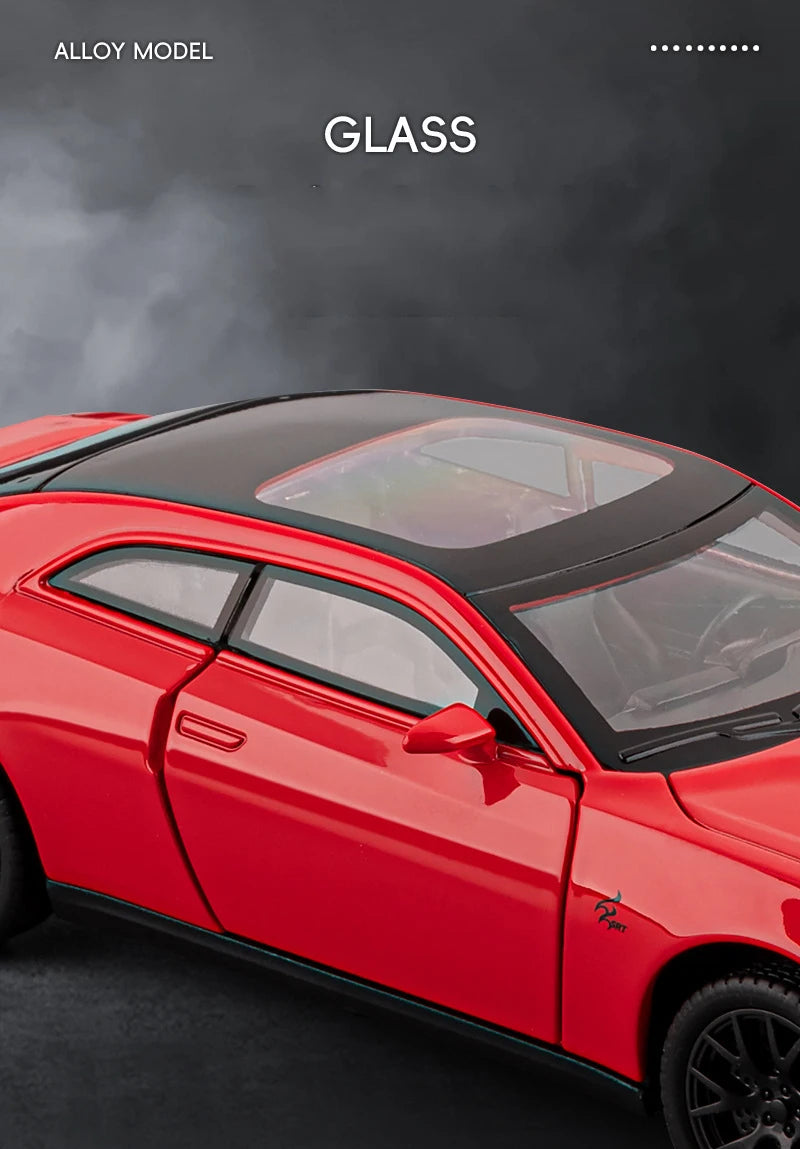 A red Dodge Challenger SRT Hellcat diecast model car with a black glass roof, shown in a studio setting.