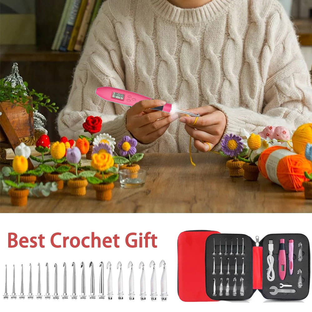 LED Lighted Crochet Hook Set with Interchangeable Heads and Built-in Stitch Counter
