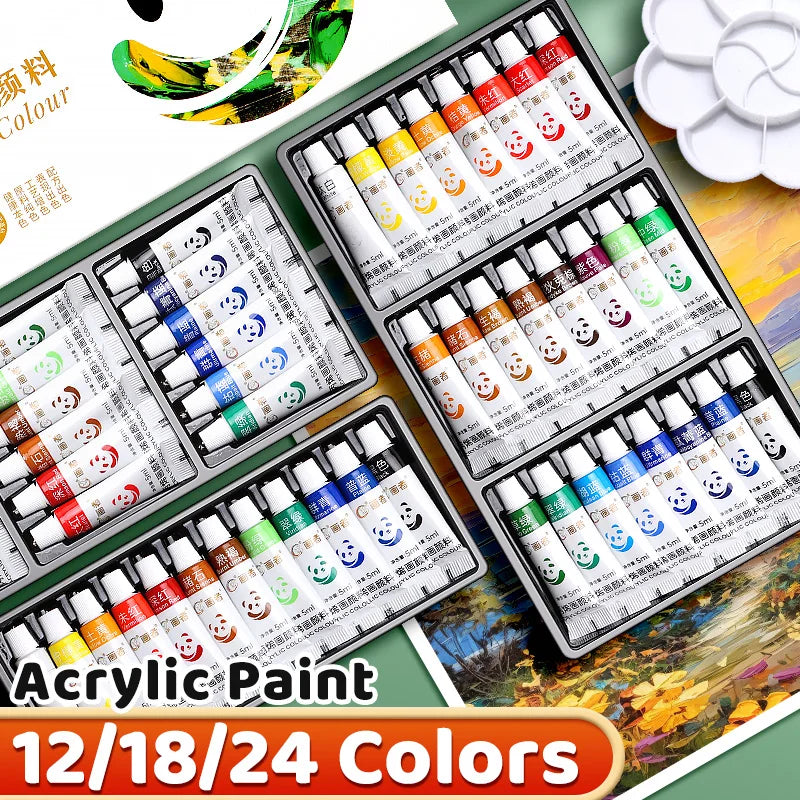A collection of acrylic paint tubes in various colors and shades displayed in an open set with accompanying instructions.