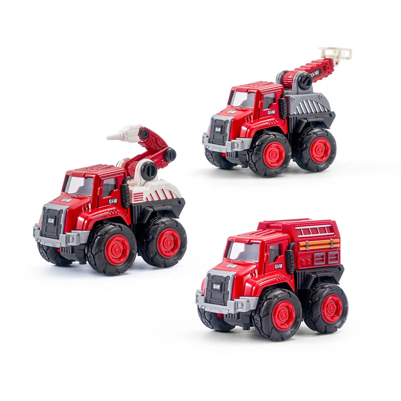 A red die-cast fire fighting vehicle set featuring a ladder truck and water cannon.