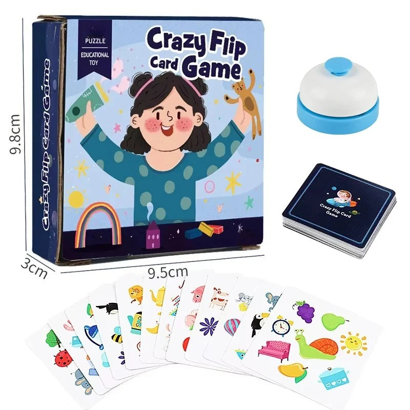 A box of Crazy Flip Card Game toy with colorful cards and a white lid, next to several individual cards.
