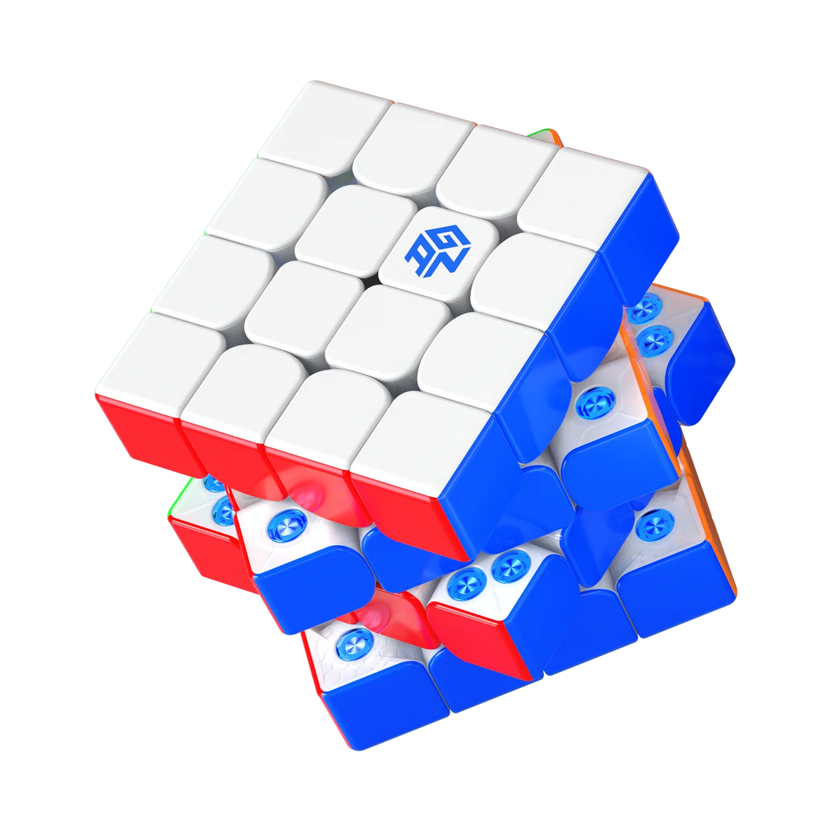 A white and blue magnetic speed cube puzzle with a stickerless design shown from an isometric angle.