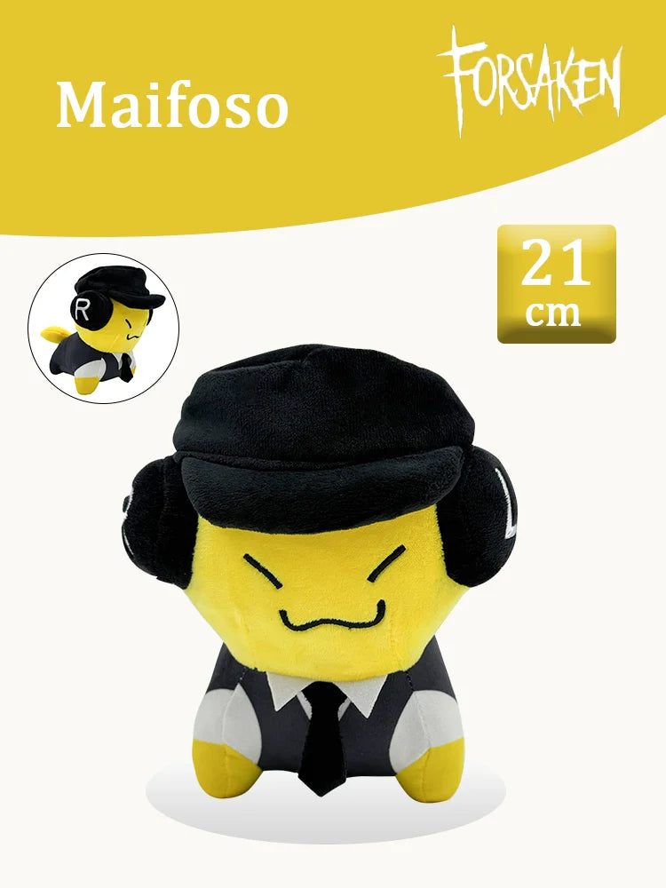 A yellow plush toy resembling a character from a slasher game, featuring a black hat and dark clothing.
