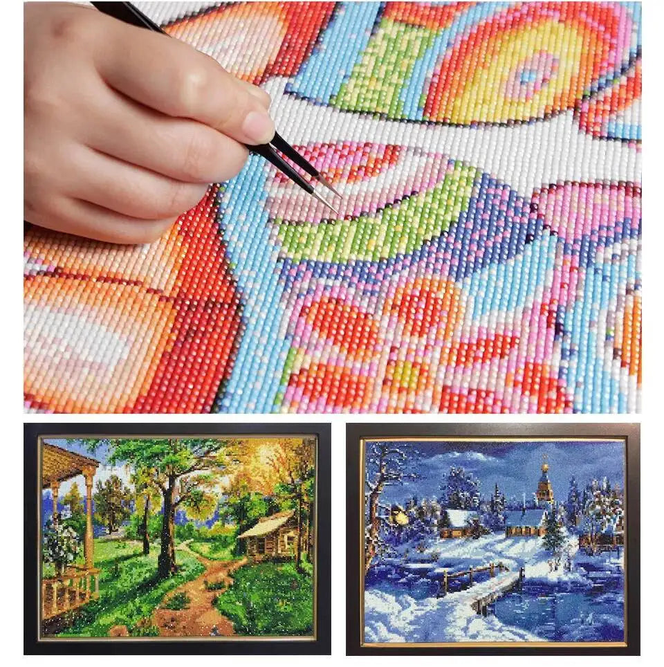 A hand is painting a colorful landscape diamond painting on a canvas.