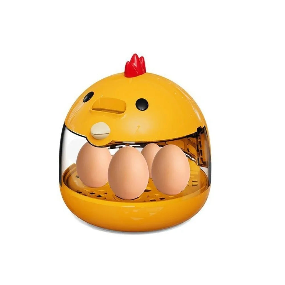 A yellow compact automatic egg incubator with a transparent window and a red top, showing eggs inside.