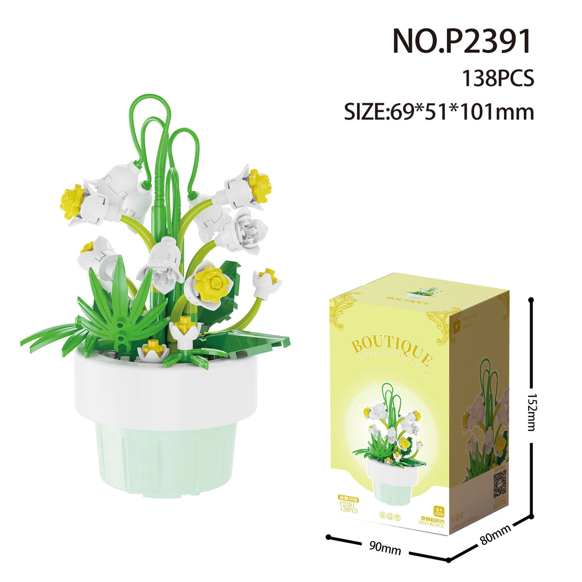 A set of 138 miniature flower bouquets made from building blocks, featuring white and yellow flowers in green pots.