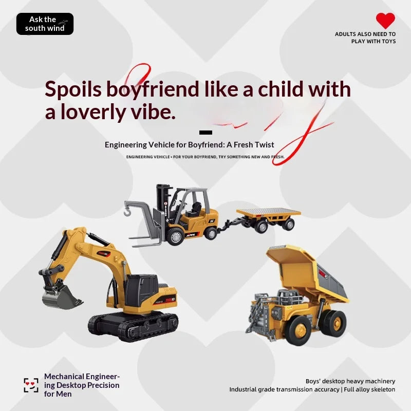 A yellow engineering vehicle set featuring a hydraulic excavator and a skid steer model.