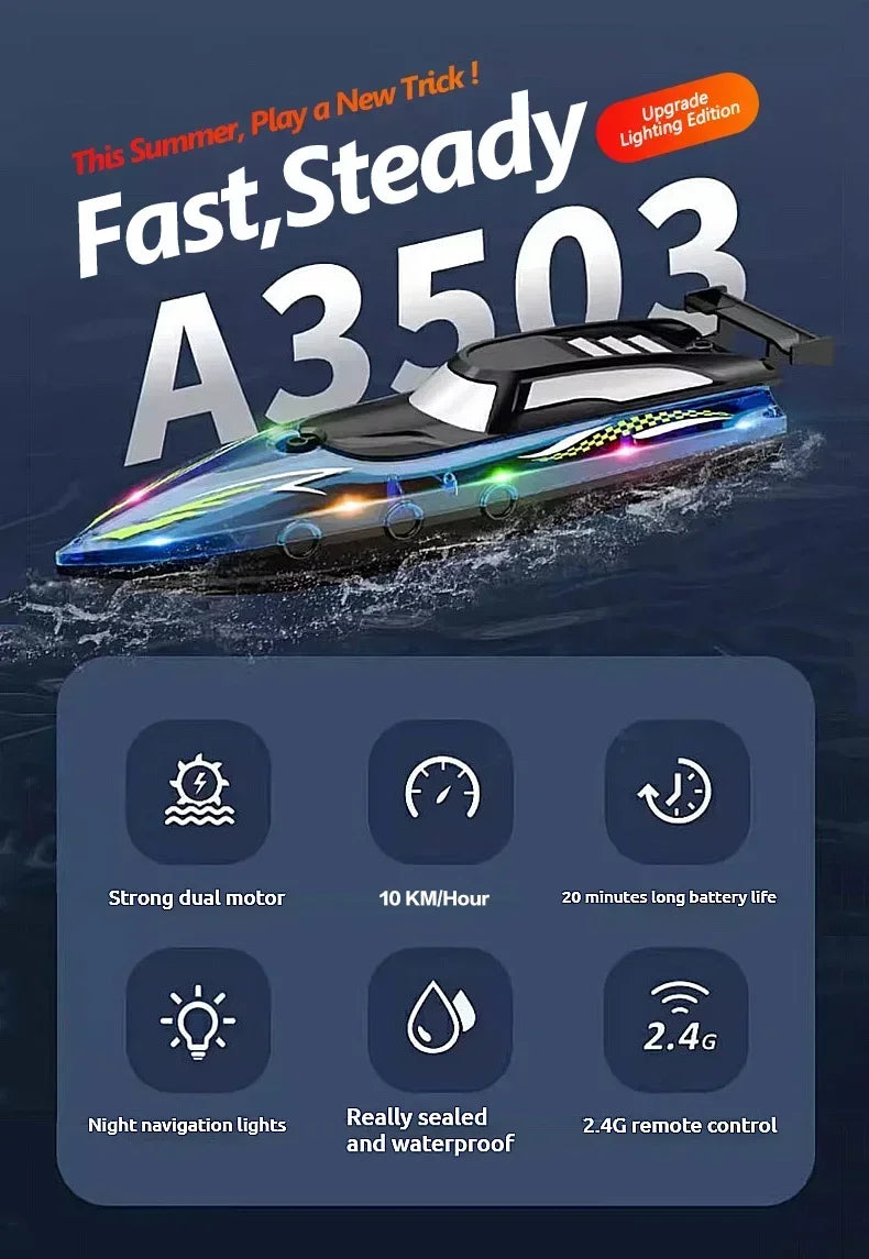 Un bateau RC A3503 LED rapide et stable avec double moteur et caractéristiques étanches.