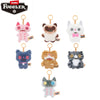 A collection of various animal-themed plush keychain charms including pink, brown, white, and gray cats and dogs.