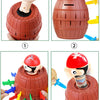 A set of pirate barrel sword stab party game components showing the assembly and parts.