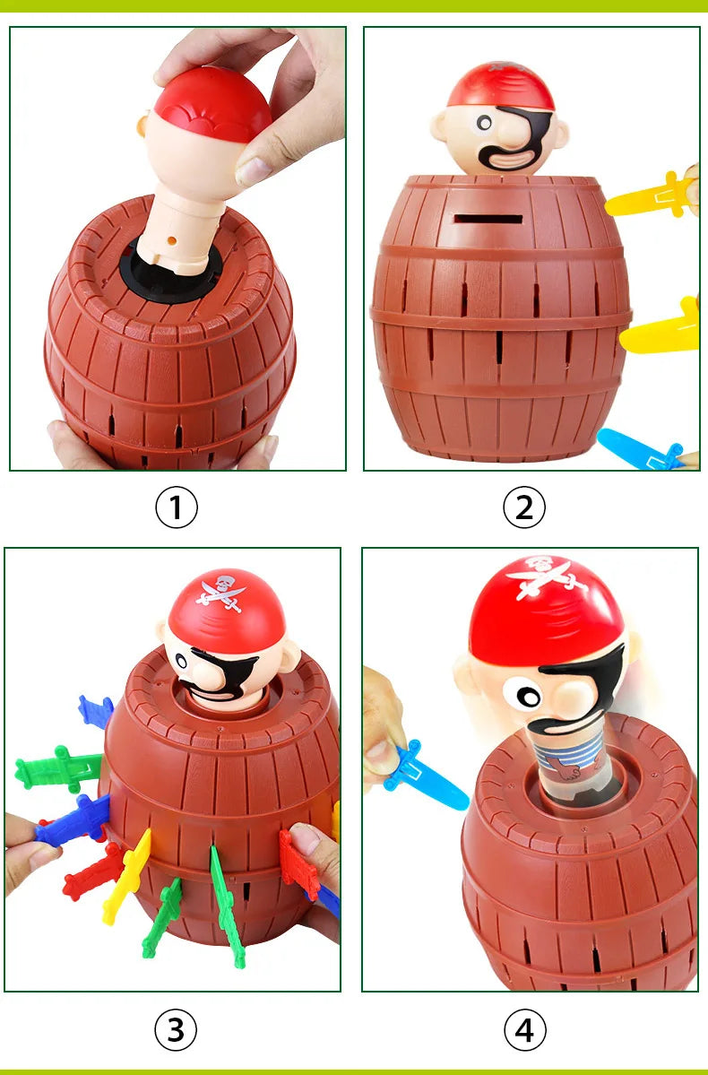 A set of pirate barrel sword stab party game components showing the assembly and parts.
