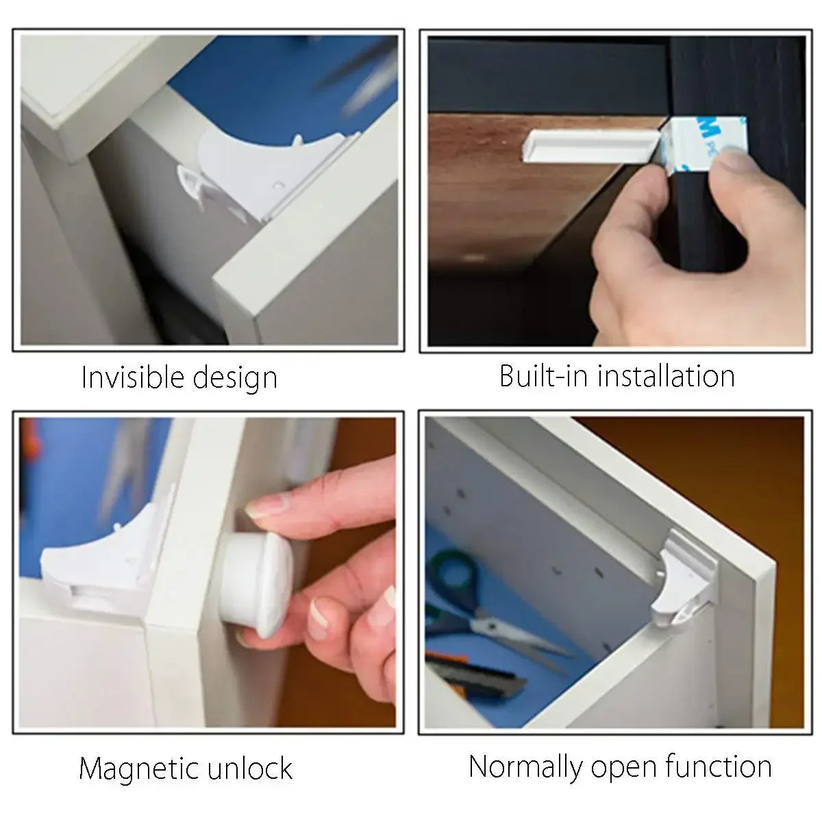 Demonstration of magnetic child safety cabinet locks including invisible design, built-in installation, magnetic unlock, and 