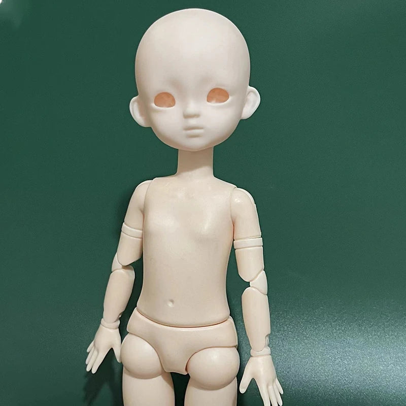 A white 1/6 scale BJD doll with large pink eyes standing against a dark green background.