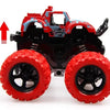 A red and black friction-powered monster truck toy with large tires is shown from above.