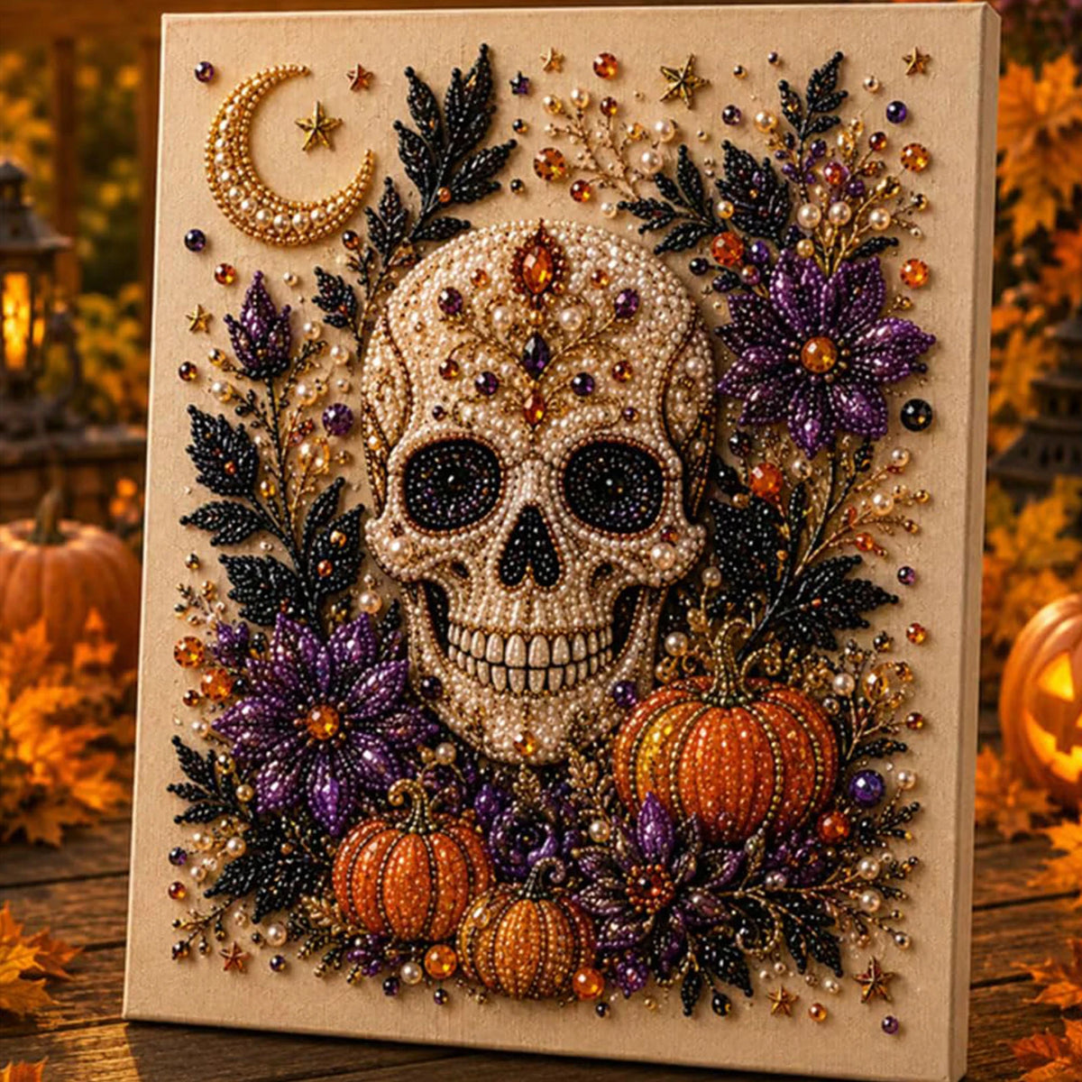 Framed canvas featuring a detailed skull design adorned with pearls, glitter, and dark foliage for a Halloween painting kit.