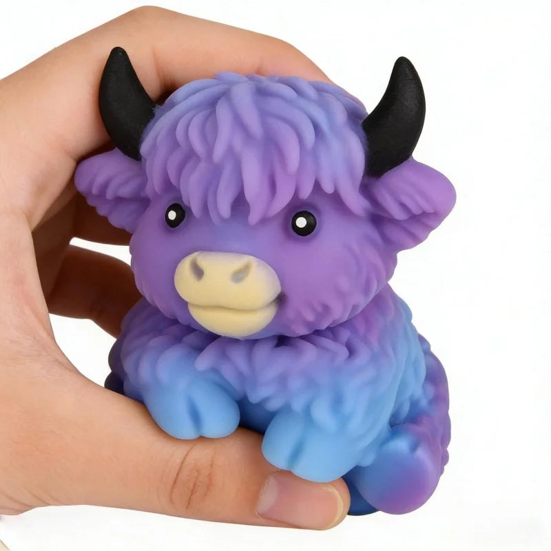 A purple and blue glitter highland cow squishy stress relief toy is held in a hand.