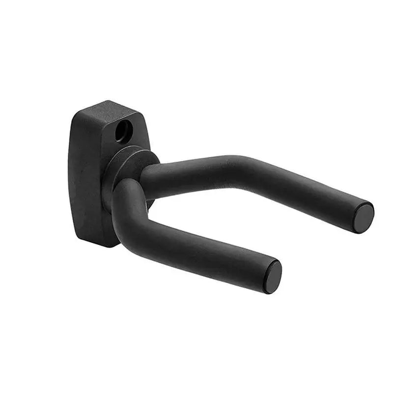 Black guitar wall mount hanger with soft padding for securing guitars on a wall.