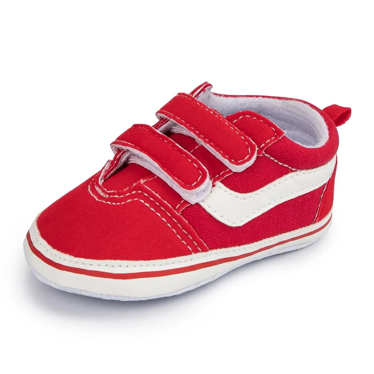 A pair of red and white striped baby canvas sneakers with a soft lining and anti-slip features.