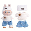 A doll outfit set featuring a white sweater, blue jeans, and a matching white headband.