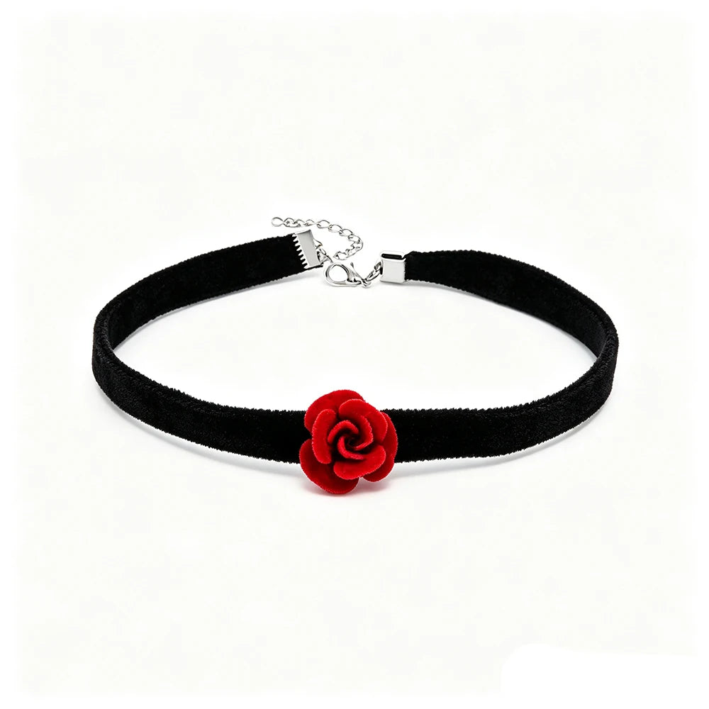 Black elastic wristband with a red rose decoration and a silver chain for dress-up