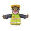 A plush hand puppet of a man with dark skin, wearing a yellow hat and a lime green shirt.