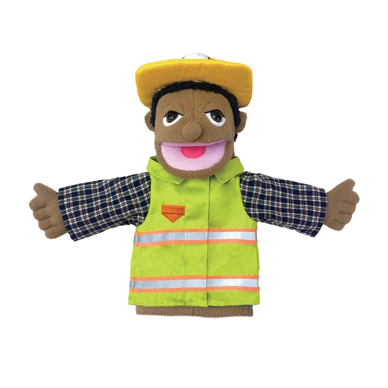 A plush hand puppet of a man with dark skin, wearing a yellow hat and a lime green shirt.