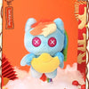 A fluffy blue plush pendant collectible featuring a pony character against an orange background.