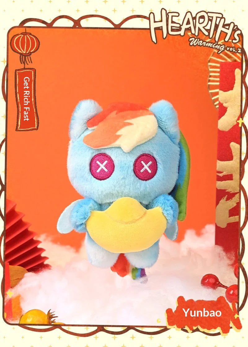 A fluffy blue plush pendant collectible featuring a pony character against an orange background.