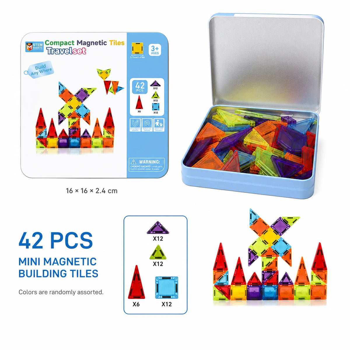 A set of 42 mini magnetic building tiles in various colors and shapes shown alongside the packaging and a metal tin box.