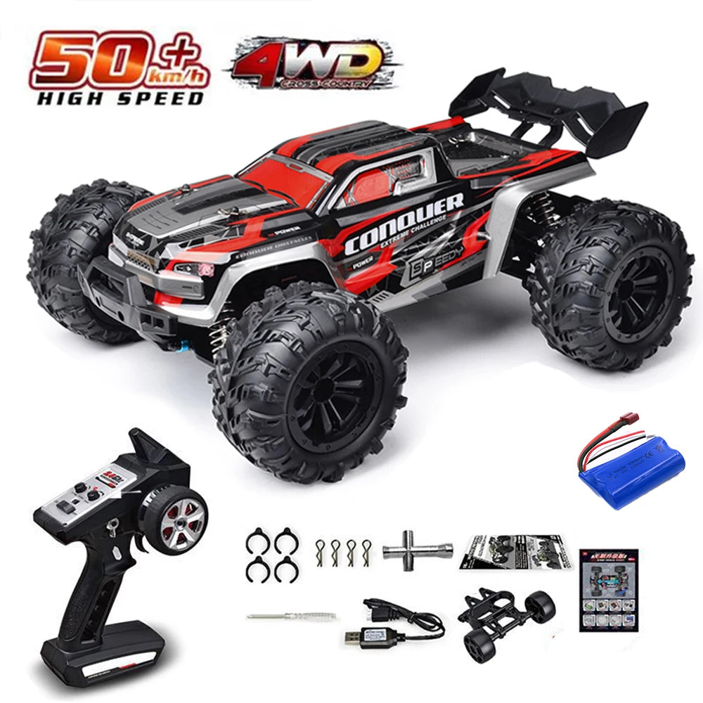 A black and red brushless 4WD monster truck RC car with large tires and accessories.