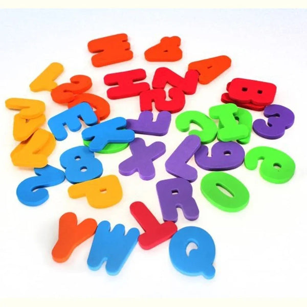 A collection of colorful plastic alphabet letters used for bath puzzles.
