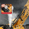 A yellow remote control spray crane truck is shown with steam coming out, demonstrating a simulation spray experience.