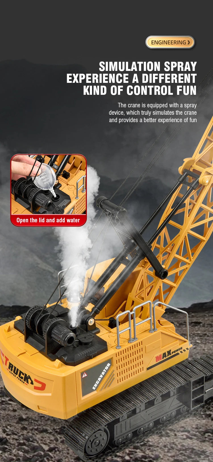 A yellow remote control spray crane truck is shown with steam coming out, demonstrating a simulation spray experience.