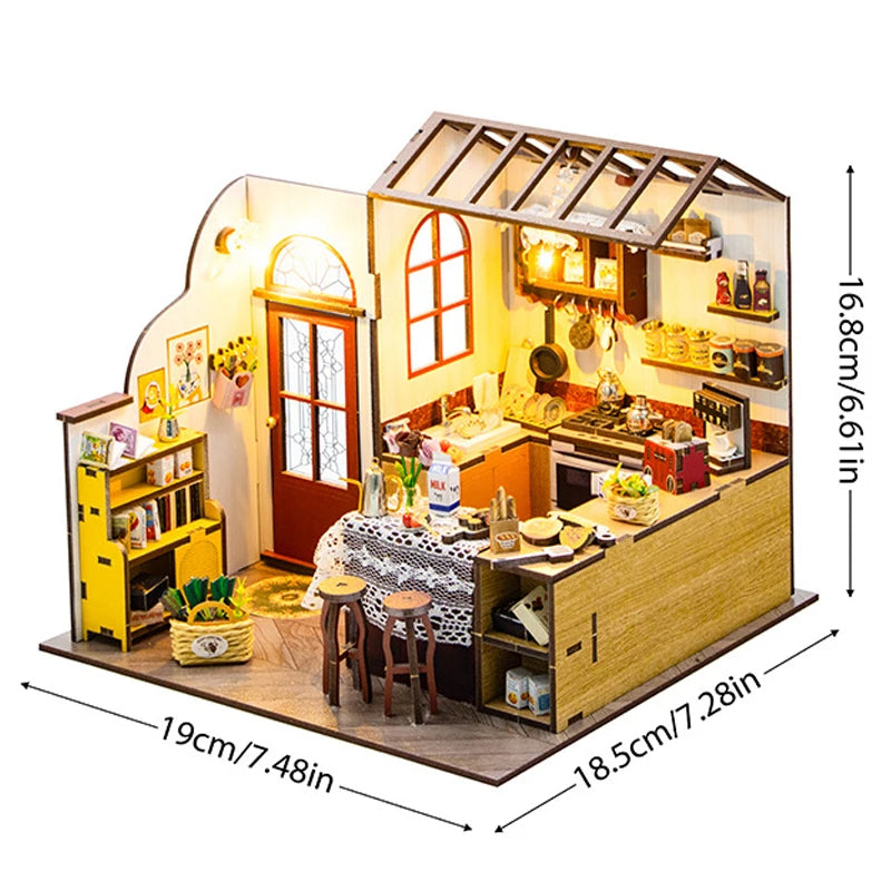 A wooden mini seaside villa dollhouse kit featuring furniture and decorative elements.
