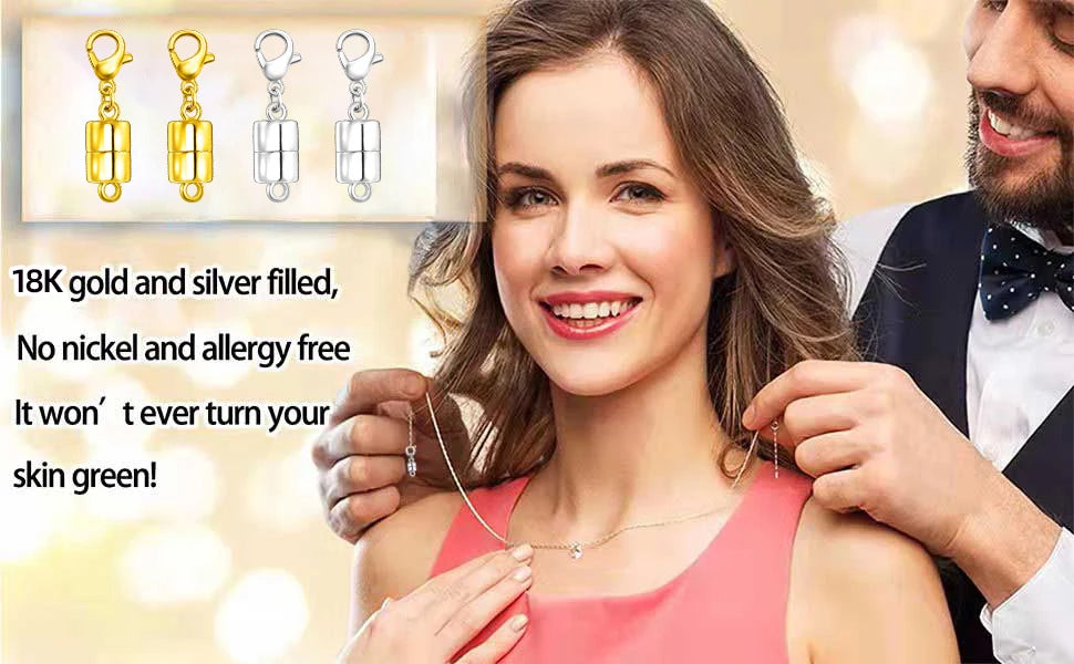 A woman models gold and silver filled magnetic jewelry clasps for necklaces on her neck.